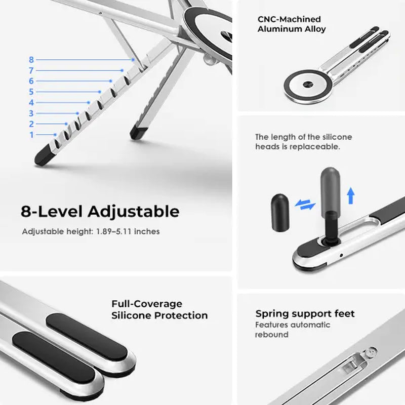 Elevate Your Workspace with the Viozon Foldable Aluminum Laptop Stand - Adjustable Riser & Magnetic Phone Holder for 10–16” Laptops and 4–13” Phones/Tablets (Silver)