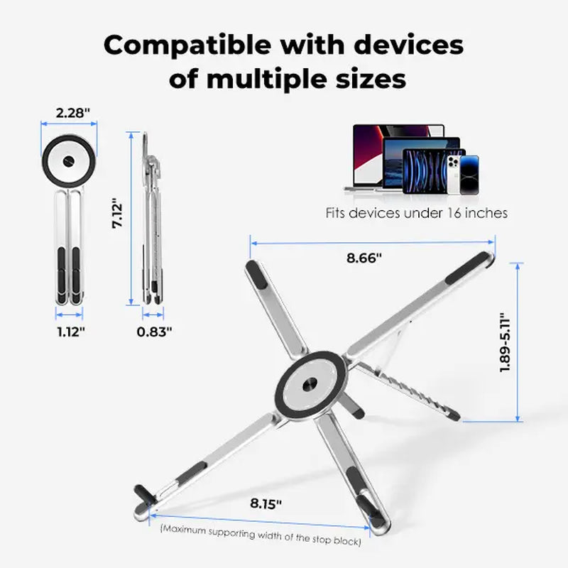 Elevate Your Workspace with the Viozon Foldable Aluminum Laptop Stand - Adjustable Riser & Magnetic Phone Holder for 10–16” Laptops and 4–13” Phones/Tablets (Silver)